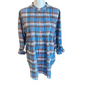 Lands End Top Women's 18 Blue Brown Plaid Flannel Pleated Tab Sleeve Tunic